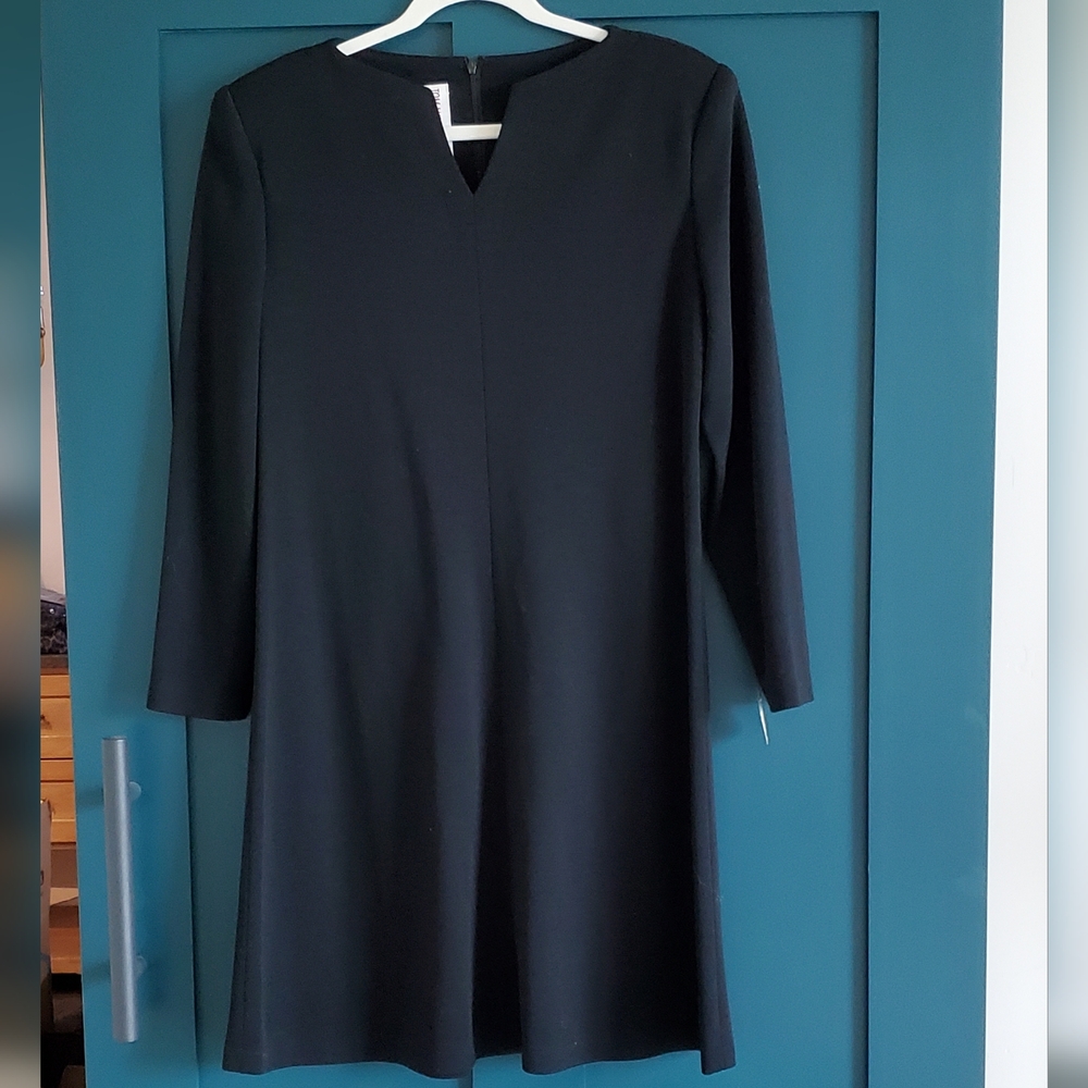 Tom+Linda Platt Black, Minimalist 100% Wool Knit A-line Midi Dress, Lg. LIKE NEW